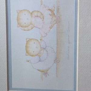 1987 Matted Picture 2 Ballerina Cats In Yellow Frame Labled Achieve Your Dream